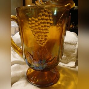 Vintage Amber Glass Pitcher with Grape Motif